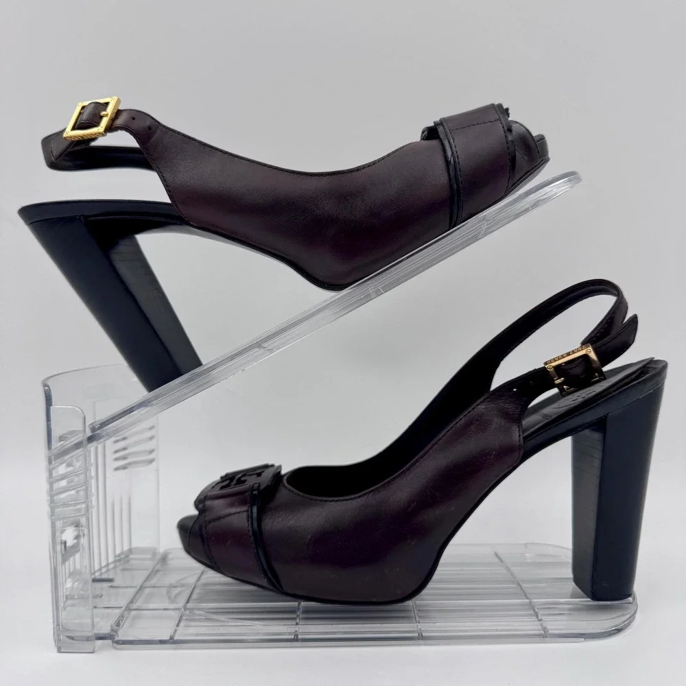 Tory Burch Dark Brown Leather Peep Toe 8M Slingback Block Heel Pumps